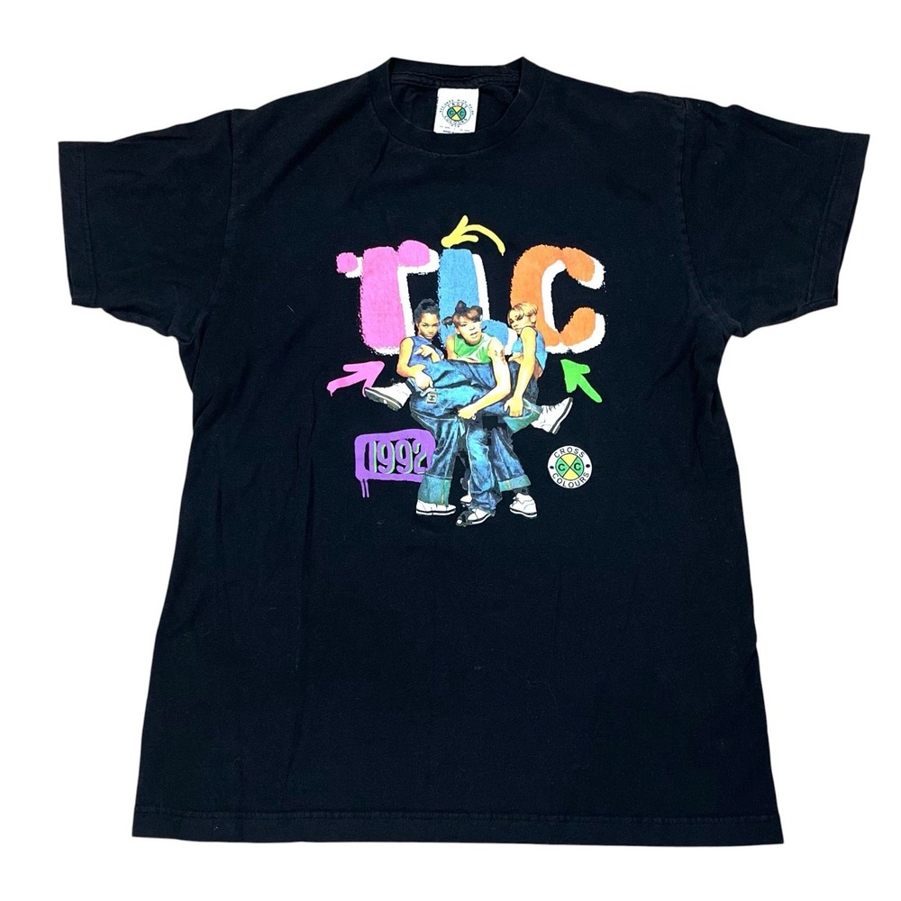 Cross Colours TLC Kicking Group Graphic Art T-shirt Size M Black Hip Hop Rap R&B